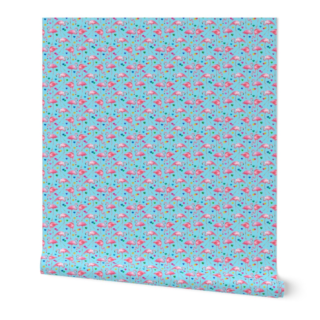 Flamingo Love - watercolor pattern with rainbow hearts - turquoise, tiny