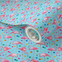 Flamingo Love - watercolor pattern with rainbow hearts - turquoise, tiny