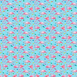 Flamingo Love - watercolor pattern with rainbow hearts - turquoise, tiny