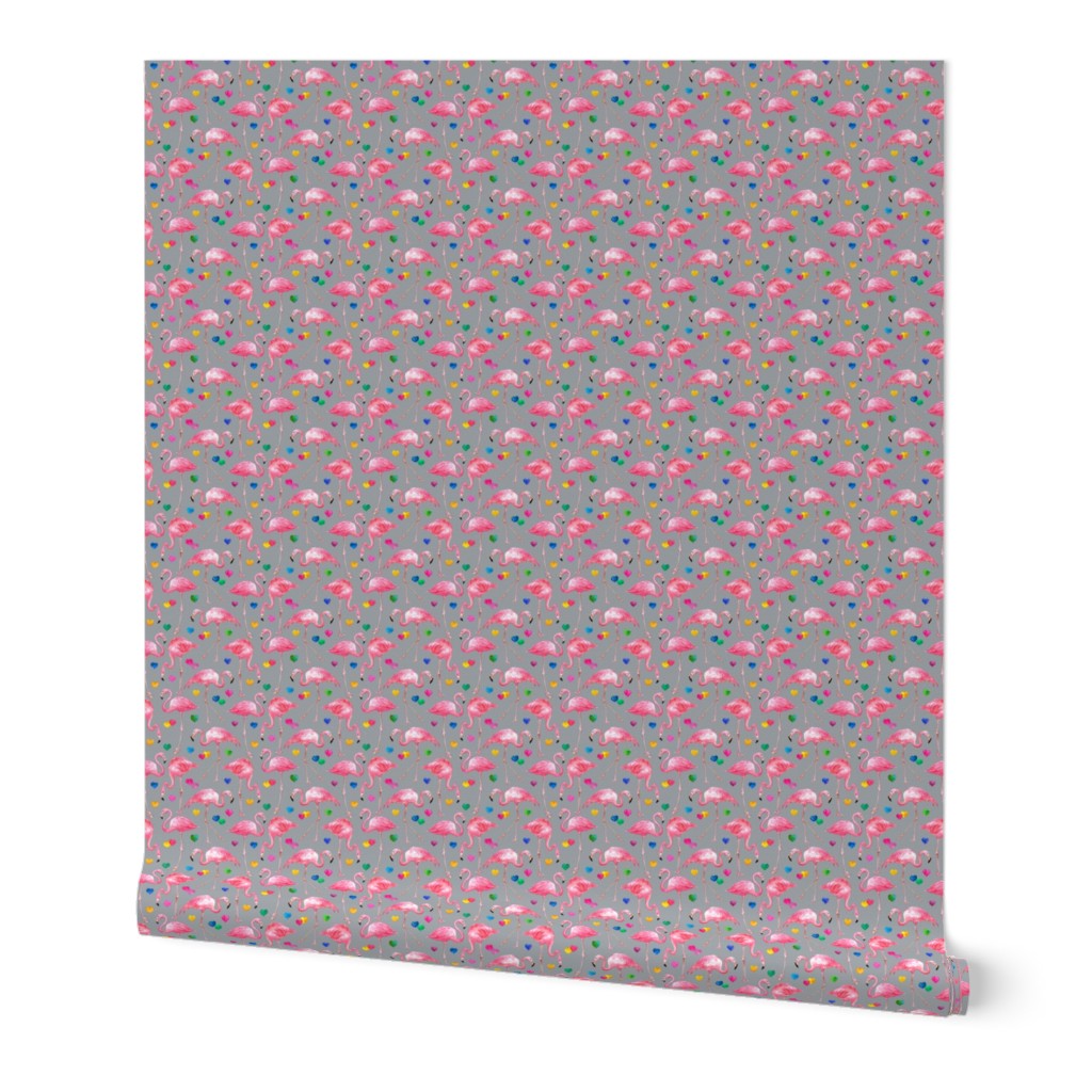 Flamingo Love - watercolor pattern with rainbow hearts - grey, tiny