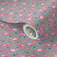 Flamingo Love - watercolor pattern with rainbow hearts - grey, tiny