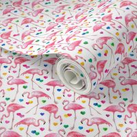 Flamingo Love - watercolor pattern with rainbow hearts - white, tiny