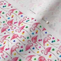 Flamingo Love - watercolor pattern with rainbow hearts - white, tiny