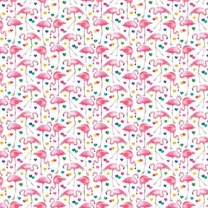Flamingo Love - watercolor pattern with rainbow hearts - white, tiny