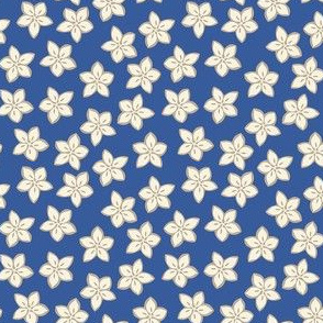 small flowers in cream on blue background, cottagecore, cottage core, ditsy