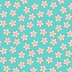 Small Cream and Tan Flowers on Turquoise, cottagecore, cottage core, ditsy