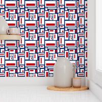 Red and White Geometric Rectangles on Navy Blue