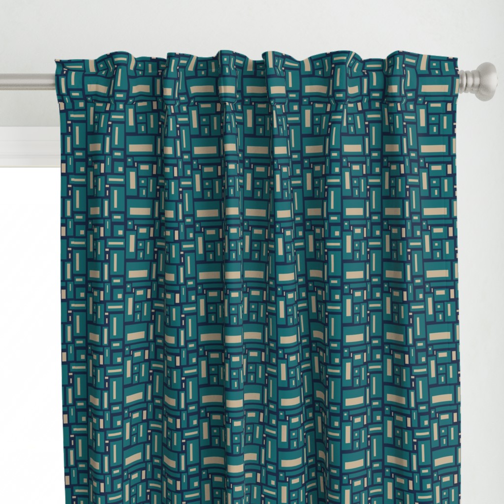 minimalist geometric rectangles in teal and tan on navy blue, modern