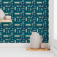 minimalist geometric rectangles in teal and tan on navy blue, modern