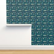 minimalist geometric rectangles in teal and tan on navy blue, modern