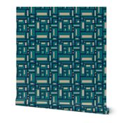 minimalist geometric rectangles in teal and tan on navy blue, modern