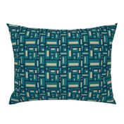 minimalist geometric rectangles in teal and tan on navy blue, modern