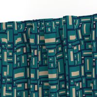 minimalist geometric rectangles in teal and tan on navy blue, modern