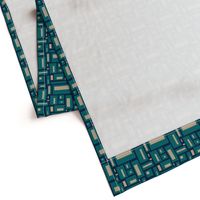 minimalist geometric rectangles in teal and tan on navy blue, modern