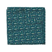 minimalist geometric rectangles in teal and tan on navy blue, modern