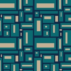 minimalist geometric rectangles in teal and tan on navy blue, modern