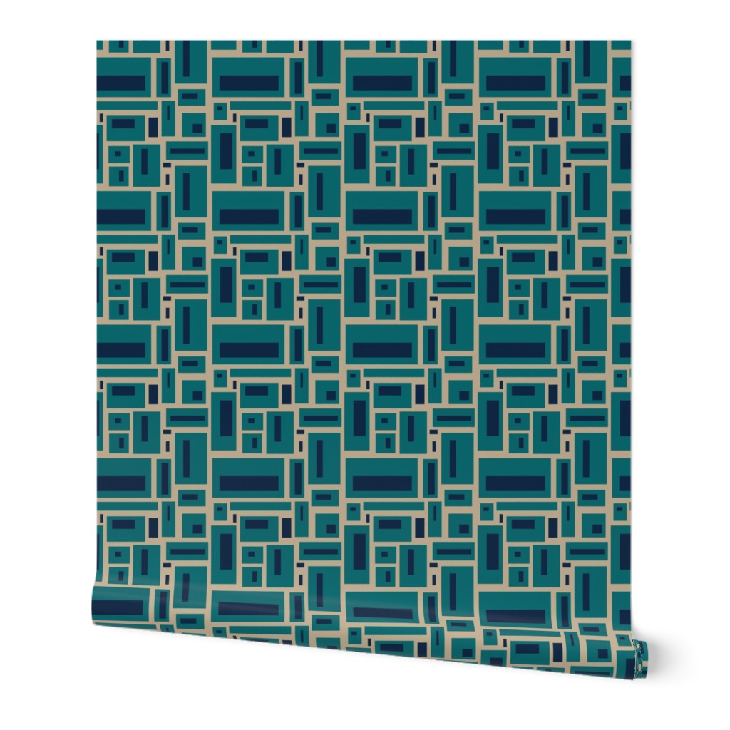 minimalist geometric rectangles in navy blue and teal on tan, modern