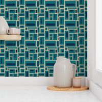 minimalist geometric rectangles in navy blue and teal on tan, modern