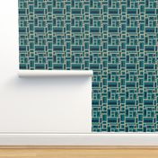 minimalist geometric rectangles in navy blue and teal on tan, modern