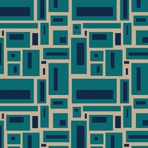 minimalist geometric rectangles in navy blue and teal on tan, modern