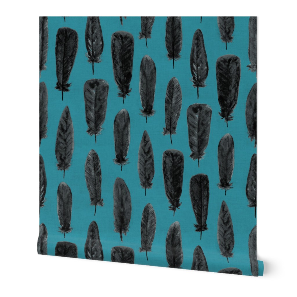 Watercolor Feathers (Black on Turquoise)