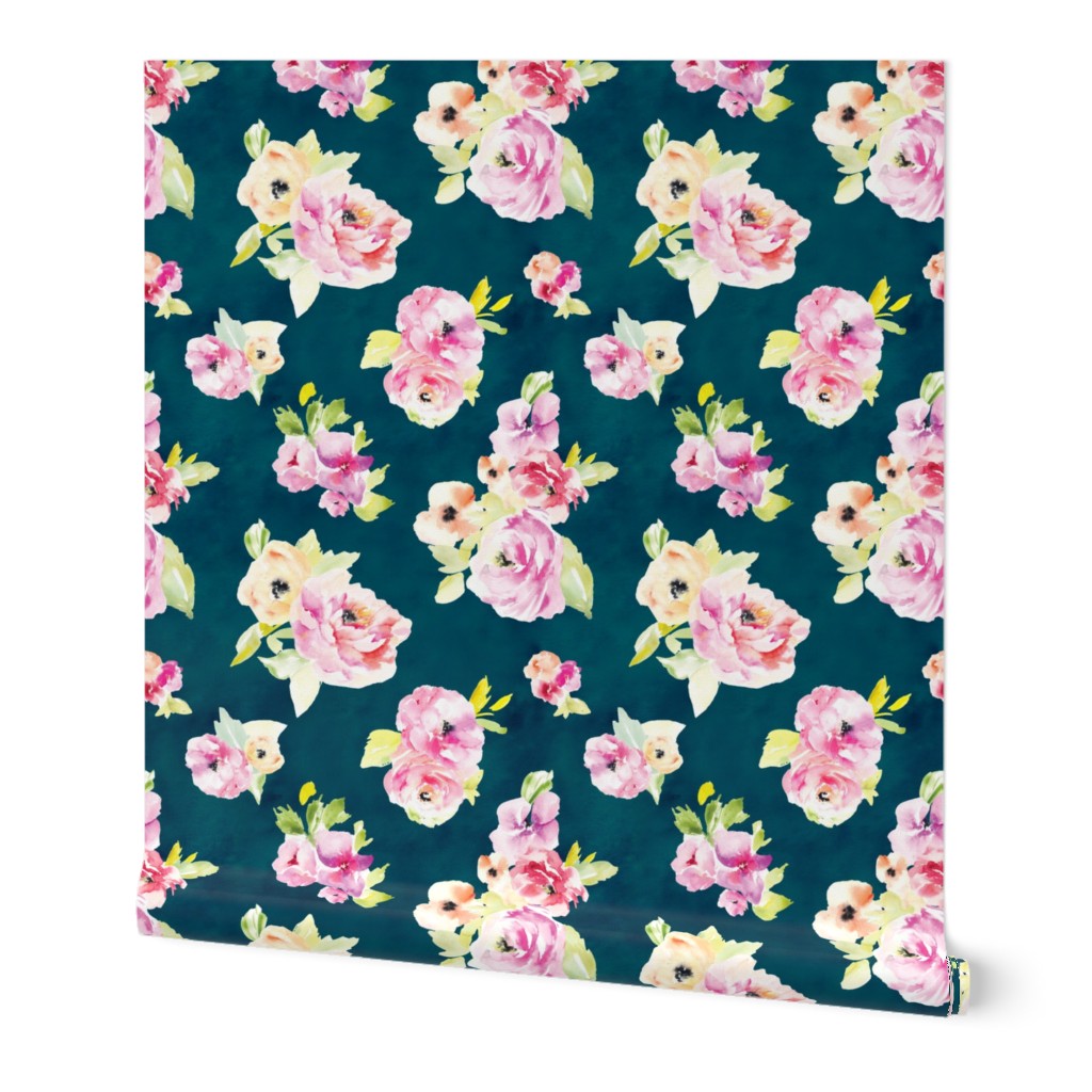 Babylon Modern Watercolor Flowers on Navy Blue Background