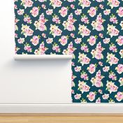 Babylon Modern Watercolor Flowers on Navy Blue Background