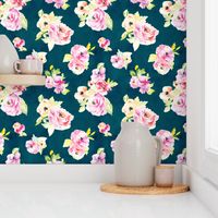 Babylon Modern Watercolor Flowers on Navy Blue Background