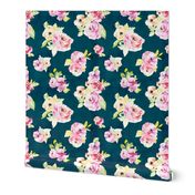 Babylon Modern Watercolor Flowers on Navy Blue Background