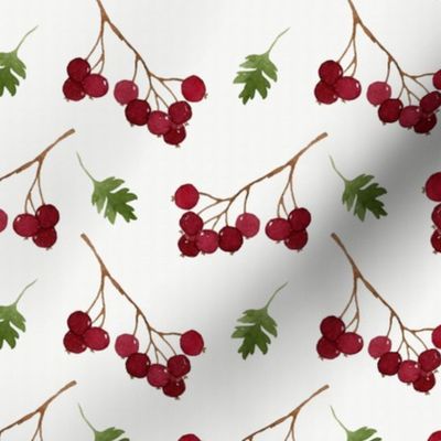 Red watercolor berries and green leaves seamless pattern