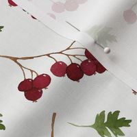 Red watercolor berries and green leaves seamless pattern