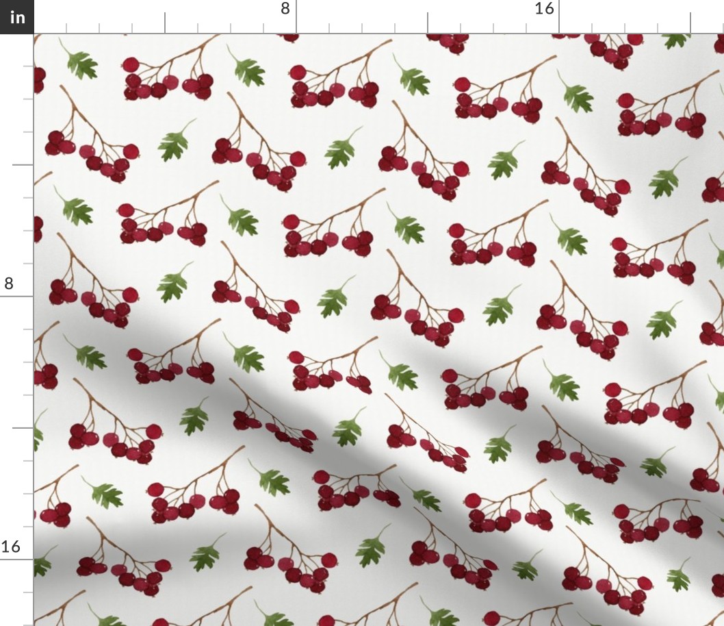 Red watercolor berries and green leaves seamless pattern