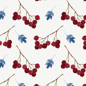 Red watercolor berries and blue leaves seamless pattern