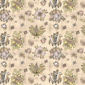 folk flowers on canvas beige