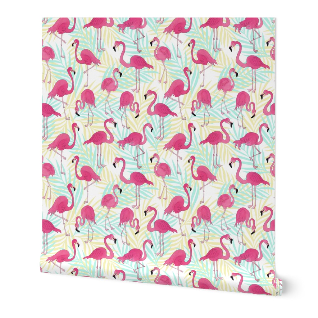 Flamingos an Palm Leaves Tropical