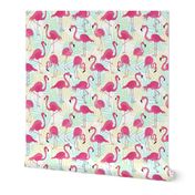 Flamingos an Palm Leaves Tropical