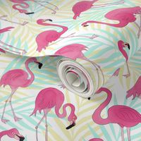 Flamingos an Palm Leaves Tropical