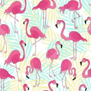 Flamingos an Palm Leaves Tropical