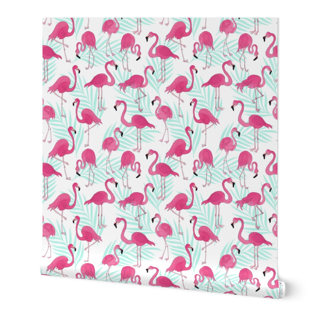 Pink Flamingos and Mint Palm Leaves 