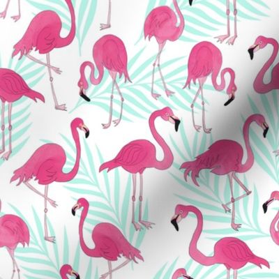 Pink Flamingos and Mint Palm Leaves 