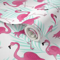 Pink Flamingos and Mint Palm Leaves 