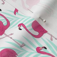 Pink Flamingos and Mint Palm Leaves 