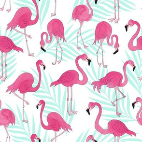 Pink Flamingos and Mint Palm Leaves 