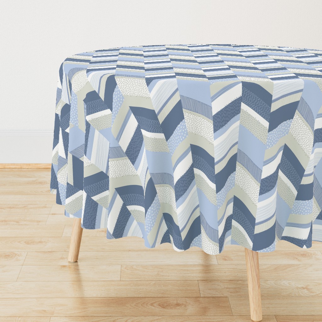 Chevron with Textures / Denim Blue and Gray