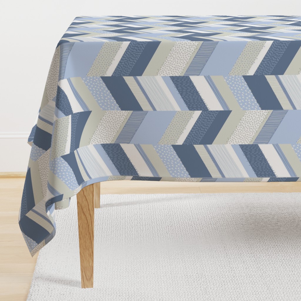 Chevron with Textures / Denim Blue and Gray