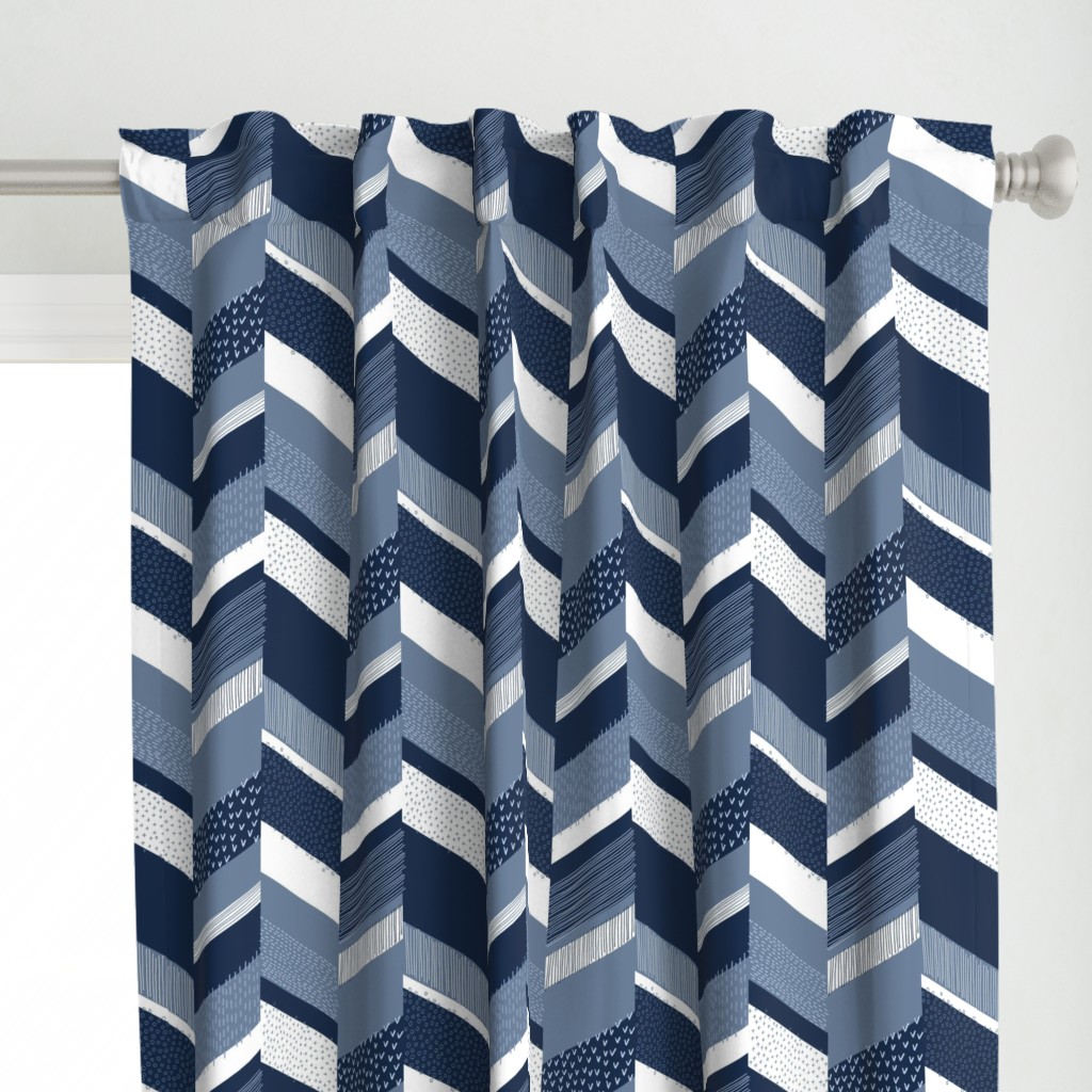 Chevron with Textures / Denim Blue and White