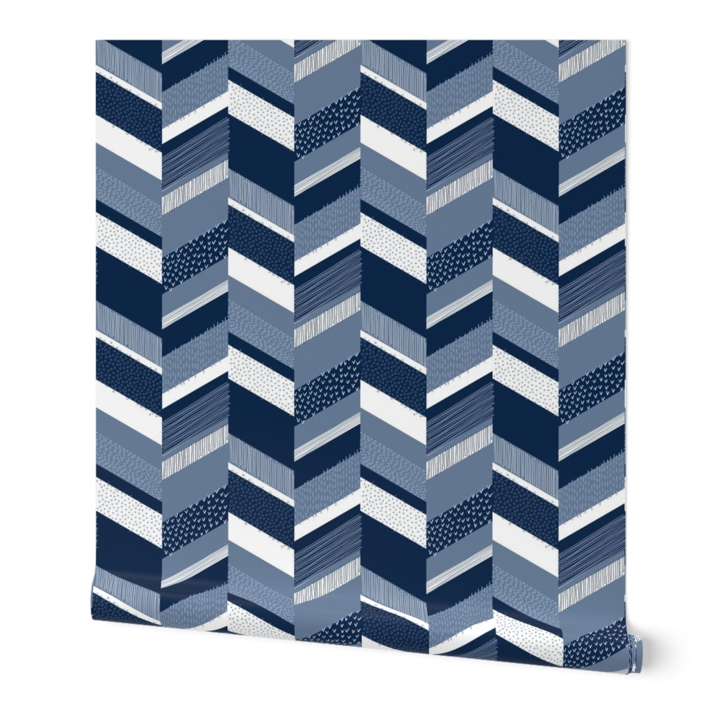 Chevron with Textures / Denim Blue and White