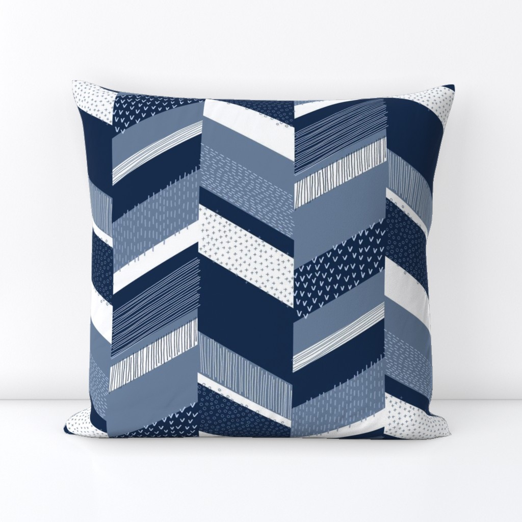 Chevron with Textures / Denim Blue and White