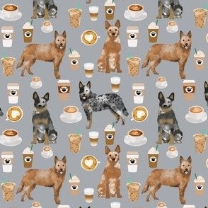 australian cattle dog (smaller) fabric blue and red heelers and coffees fabric - grey