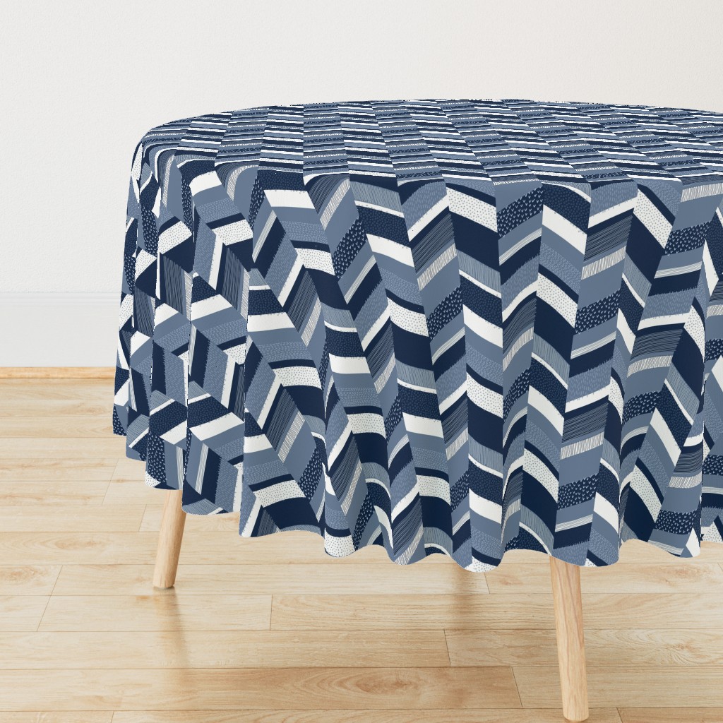 Small Chevron with Textures / Denim Blue and White